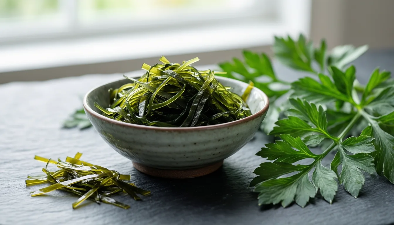 Dried seaweed and fresh angelica leaves arranged on a slate surface
