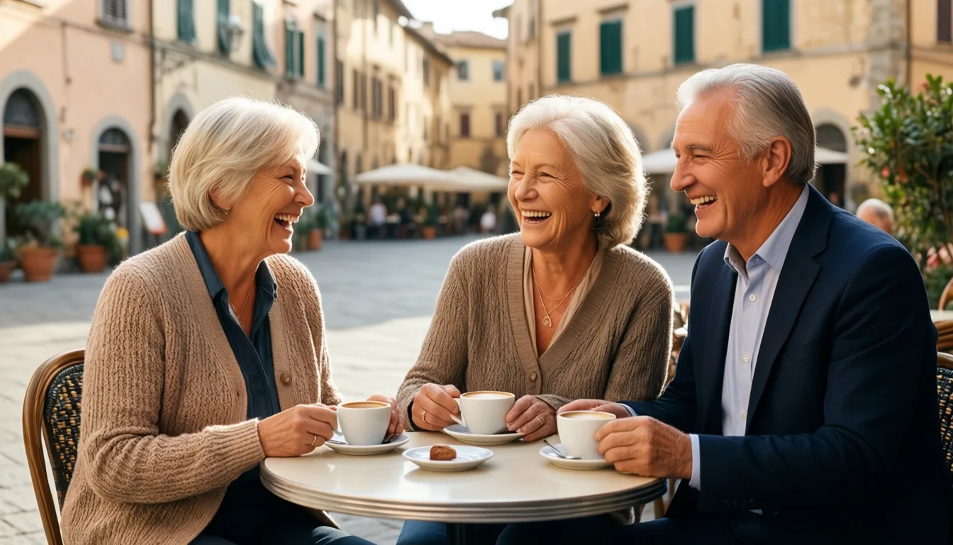 Older neighbors sharing coffee and conversation at a village square.
