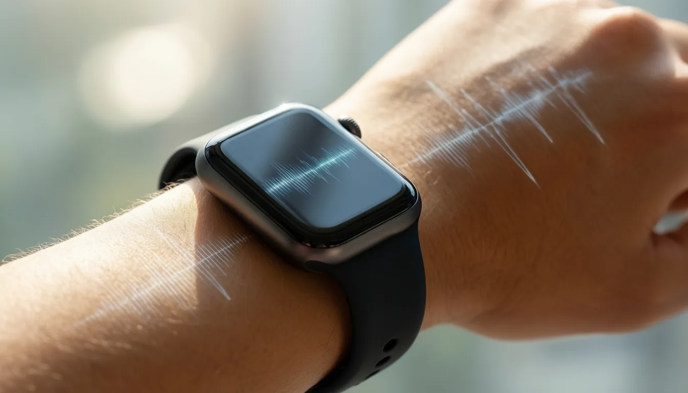Wrist wearing a smartwatch in morning light