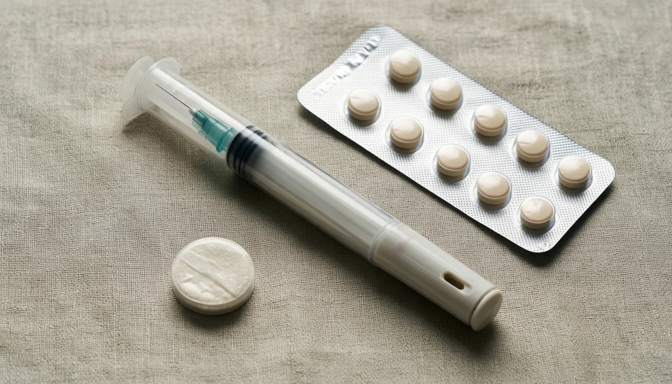 An injector pen, oral tablets, and a dissolvable film arranged side by side.