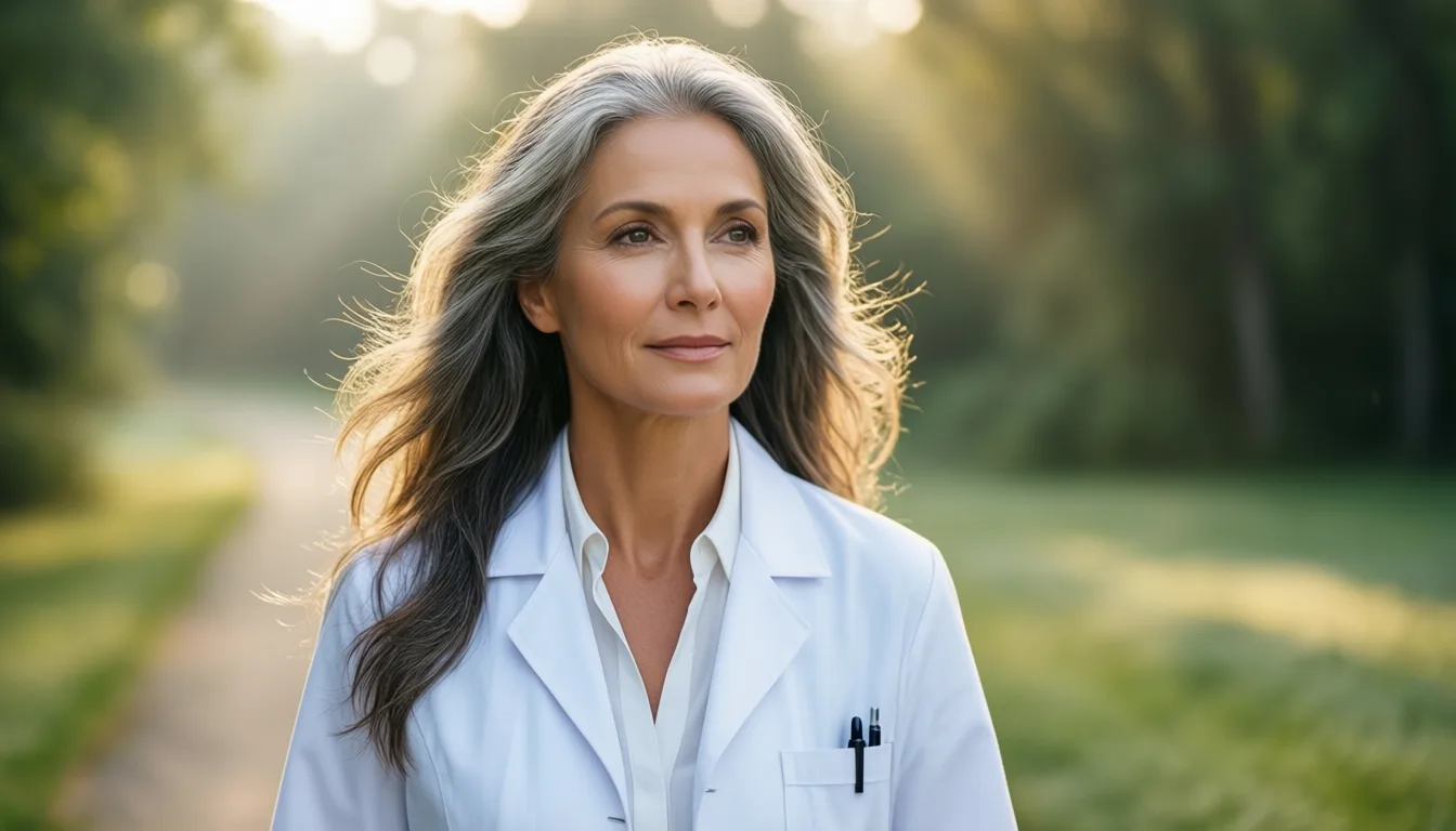 A woman walking outdoors in morning light