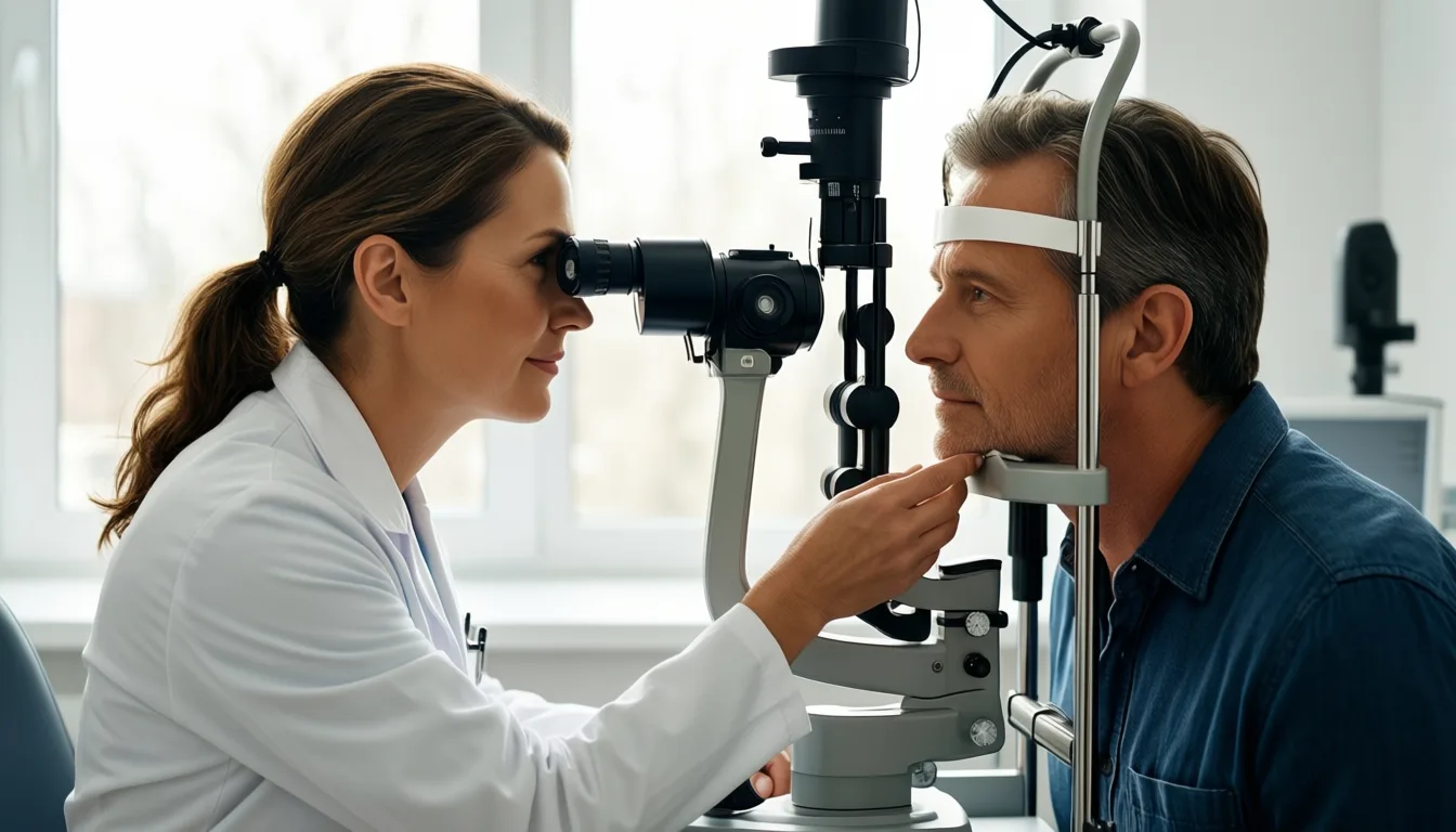 Patient seated at a fundus camera with a clinician adjusting the device