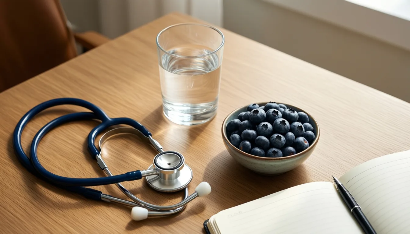Overhead view of a clinician's desk with stethoscope and notebook