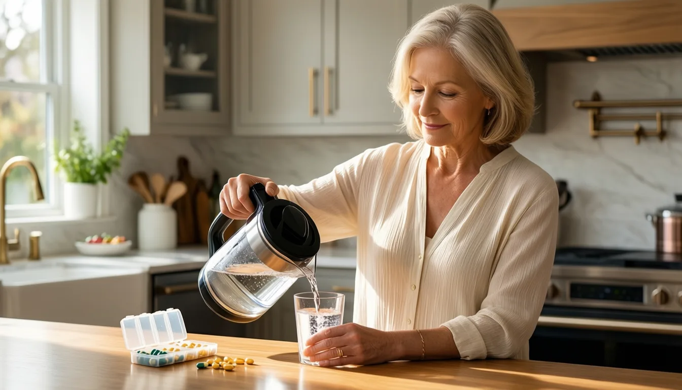 Older woman pouring water in a sunlit kitchen beside a pill organizer