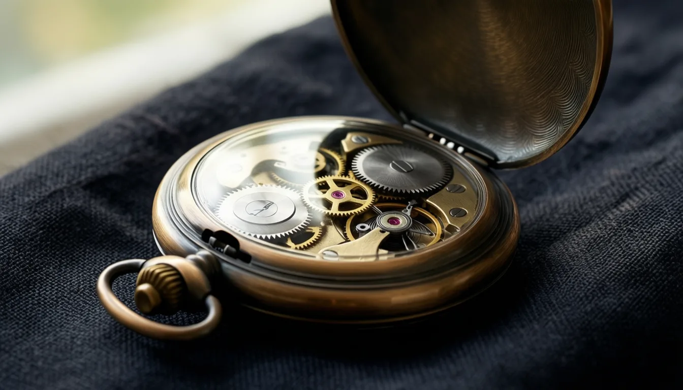 Close-up of an antique pocket watch with visible internal gears