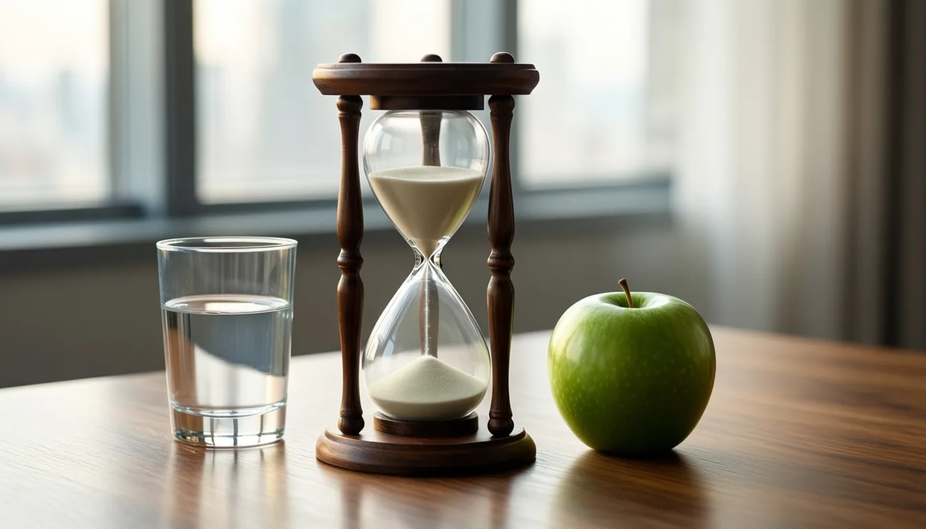 An hourglass on a desk next to water and an apple