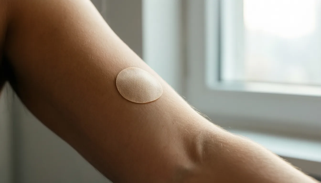 A continuous glucose monitor patch on a forearm in soft daylight
